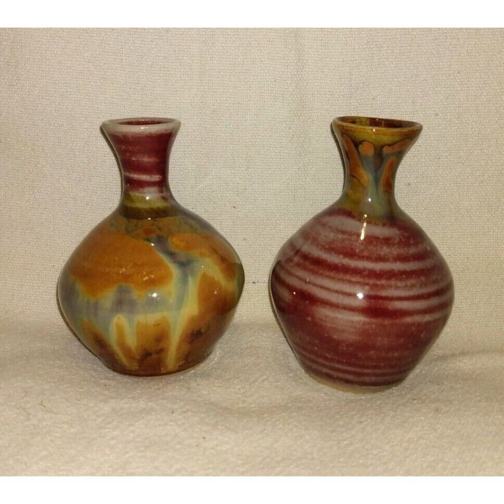 Bud Vase Set Multi-Color Red Gold Signed Art Pottery